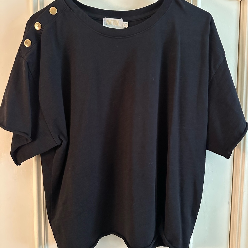 Boxy Black Short Sleeve sweater with Buttoned Shoulder